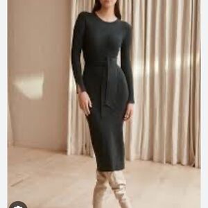 Ever New Lottie Knit Ribbed Midi Brown Belted Dress Side Slit Sleeves Slit 8